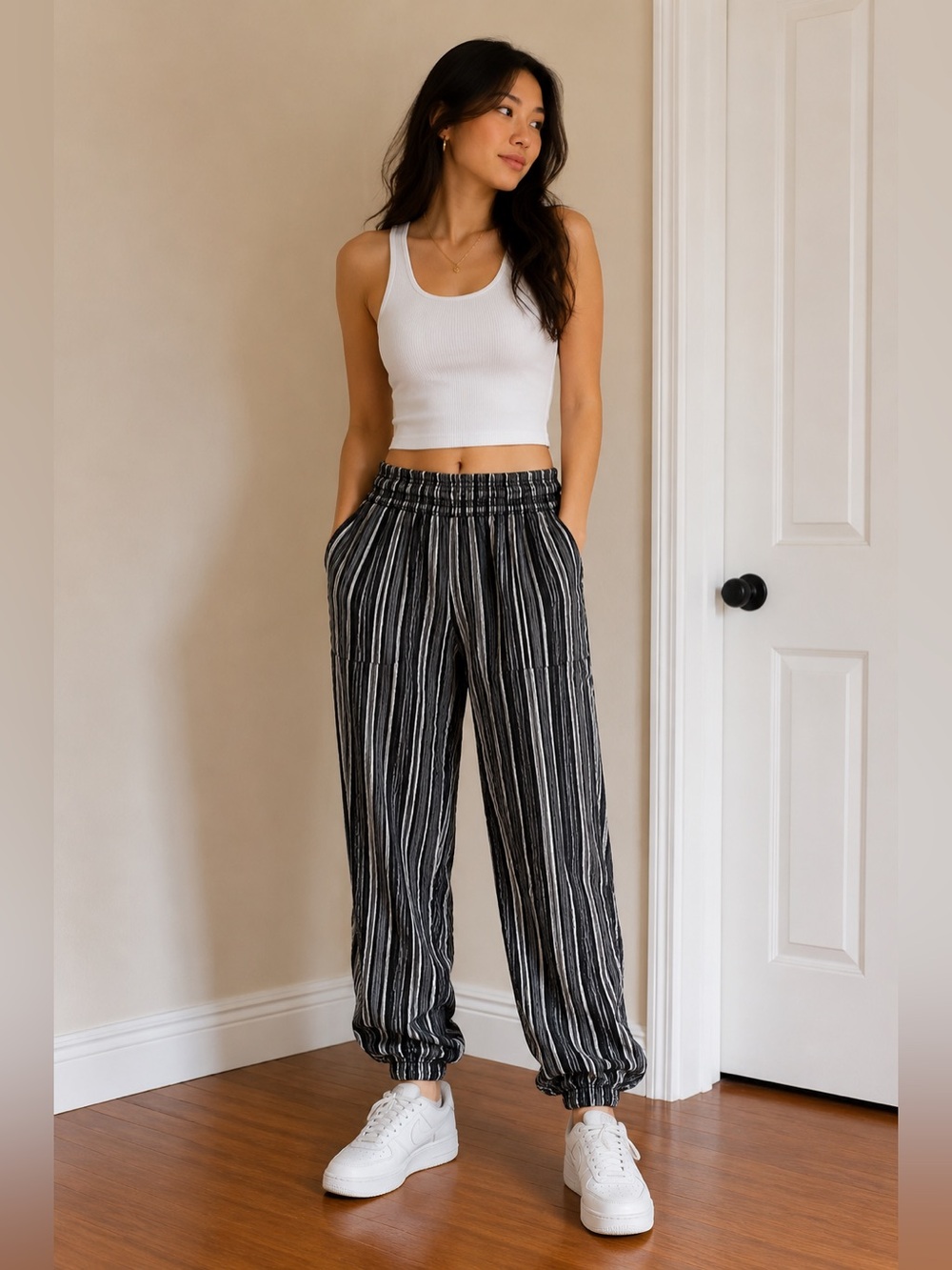 Ci Sono Black & White Striped Pull-On Joggers